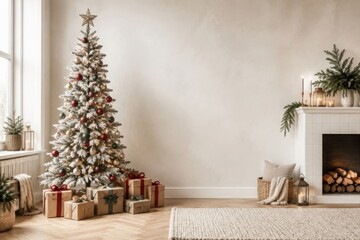 Fototapeta premium Elegant Christmas tree, gifts, fireplace, festive living room