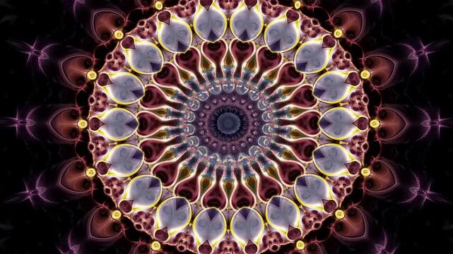 Symmetrical radial pattern morphs through layered floral rings as pale petal shapes expand around a dark center, glowing in purple, gold, blue, and pink against black