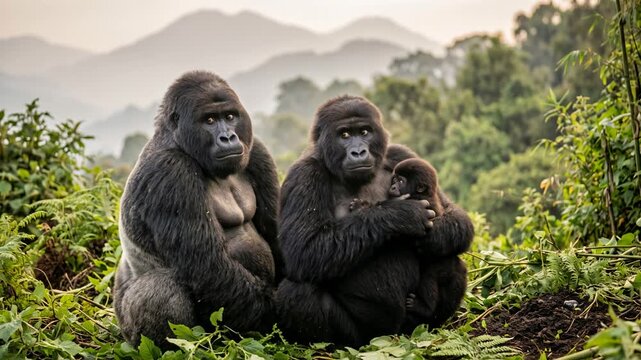 mountain gorilla family with little one close up at morning light in volcanoes national park rwanda video