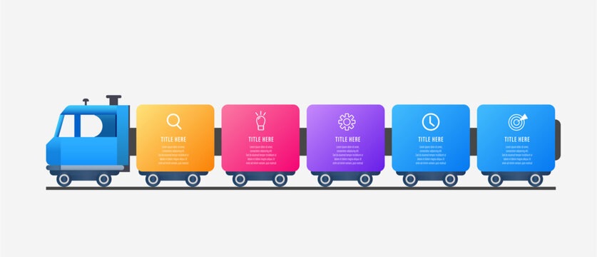 Modern 5 steps horizontal train carriages node infographic template for business presentation vector design