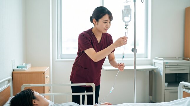 入院病棟で患者の点滴調整を行う日本人女性の看護師
