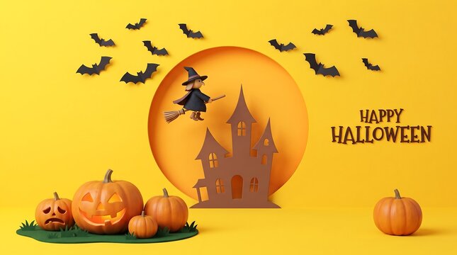 Halloween background with a witch flying on a broomstick, a haunted house, bats, and pumpkins on a yellow surface