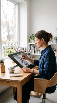 Creative woman drawing on graphic tablet at modern home office desk near window for digital art illustration design workflow lifestyle