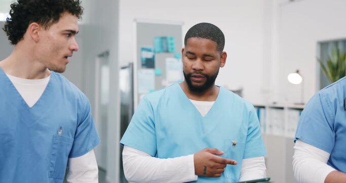Nurses, walk or team discussion with tablet for healthcare review, case evaluation or treatment plan. Tech, men and talking in hospital for medical checklist, diagnosis records or admin schedule