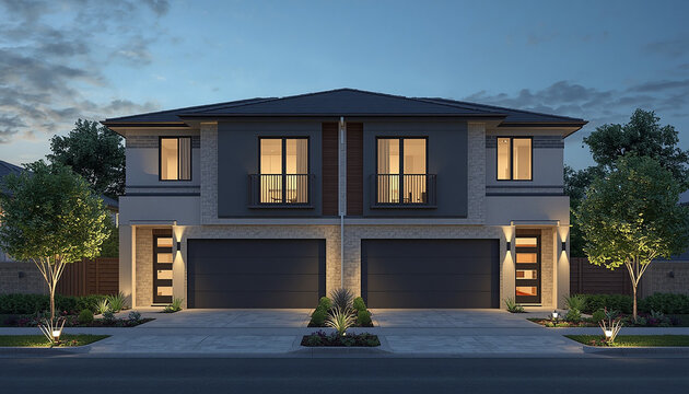 Modern duplex residential house exterior at twilight with illuminated windows