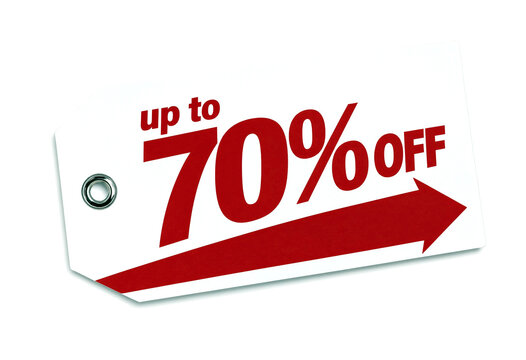 Bright red and white sale tag offering up to seventy percent discount isolated design