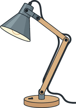 Adjustable desk lamp illustration with wooden arm and gray shade