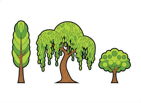 Cute green trees set including poplar weeping willow and bush tree isolated on white background vector illustration