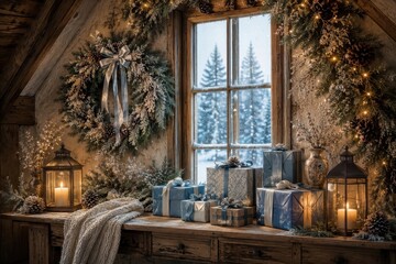 Fototapeta premium Cozy rustic Christmas window display with gifts and lanterns