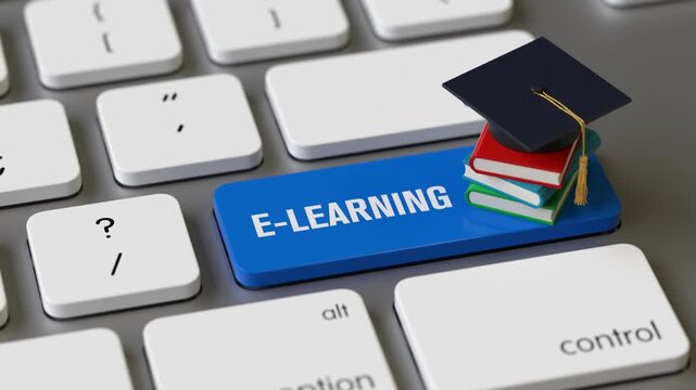 Books and cap on the keyboard of a latop, 3d rendering,conceptual image. online education and learning concepts.