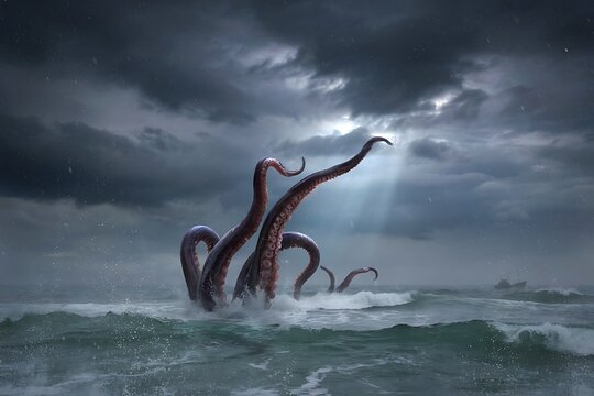 Giant sea monster tentacles surfacing in dark ocean storm