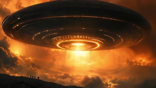 Massive unidentified flying object hovering above silhouetted figures within swirling golden storm clouds captures mysterious cinematic motion sci-fi video animation