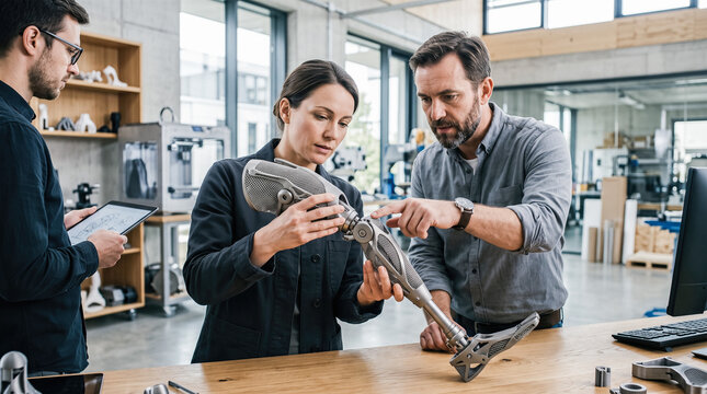Three engineers inspecting 3d printed metal bionic leg prosthesis limb workshop wooden table digital tablet calipers computer screen laboratory research
