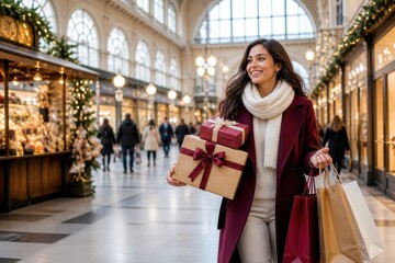 Plakat Smiling woman carrying gifts, shopping bags inside festive mall