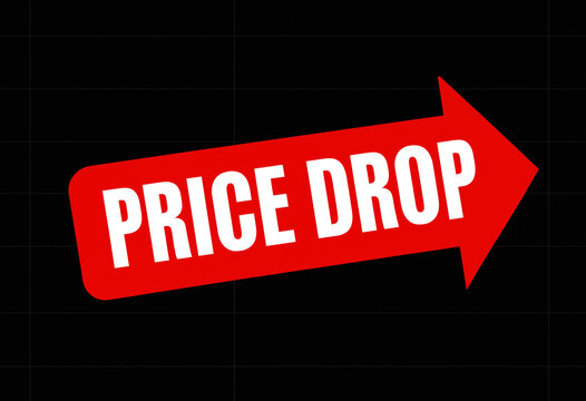 Bright red arrow sign with bold white text indicating a price drop promotion idea