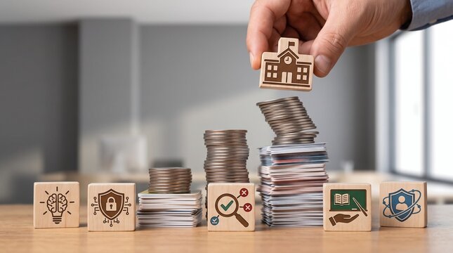 Teacher Placing Wooden School Block On Uneven Metal Token Stacks In Studio Metaphor For Unprepared AI Educatio