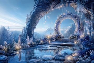 Obraz premium Enchanting crystal cave portal beside a tranquil mountain pool