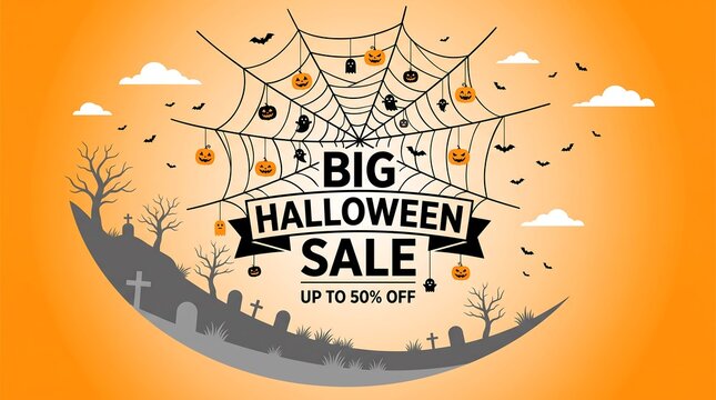 Big halloween sale poster with a spider web, hanging pumpkins, ghosts, and a graveyard scene
