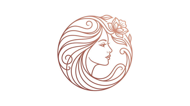 Elegant rose gold beauty salon logo design with woman face profile and floral element in circular frame isolated on white background