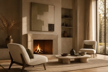Fototapeta premium Warm minimalist living room with fireplace, chairs, forest view