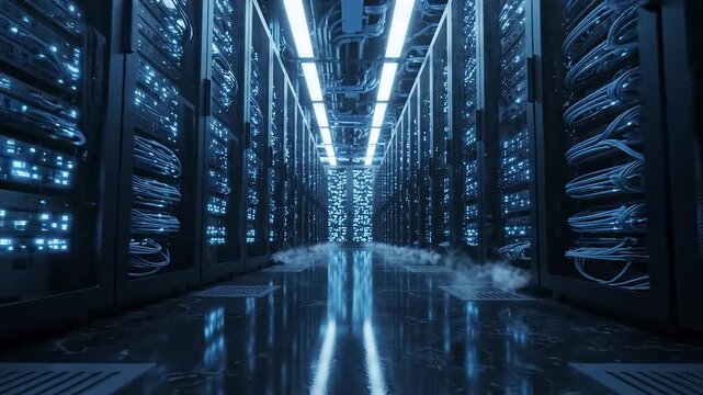 Camera Glides Through a Data Center Aisle Lined With Server Racks and Cabinets for AI Computing, Cloud Storage, Scientific Simulations, Research Analytics, and Secure Enterprise Systems.
