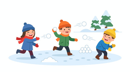 Fototapeta premium Happy children playing snowball fight in snowy winter park