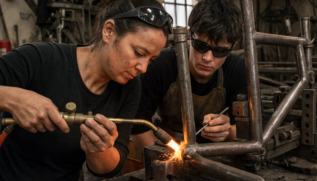 Woman and young man welding metal frame together in workshop teamwork concept