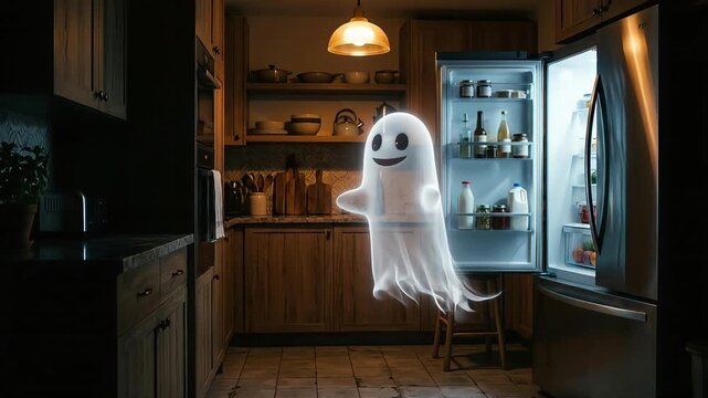 Friendly glowing ghost floating inside modern wooden kitchen at night capturing whimsical spirit in motion animation for creative project concepts