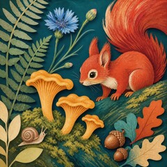 Fototapeta premium Whimsical red squirrel, chanterelles, snail, acorns forest illustration