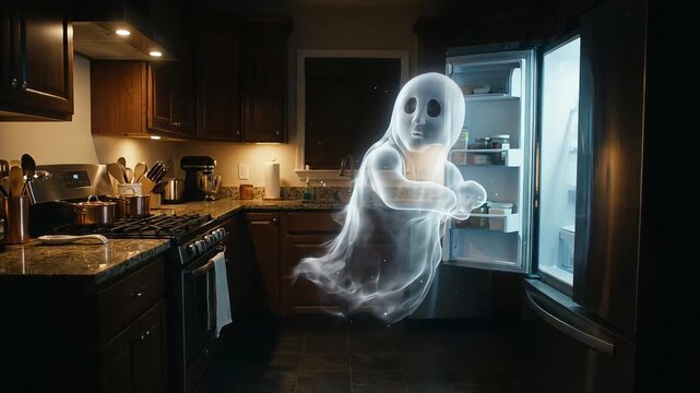 Ghostly apparition floating through dark modern kitchen searching for midnight snacks in this eerie animated motion video clip file design
