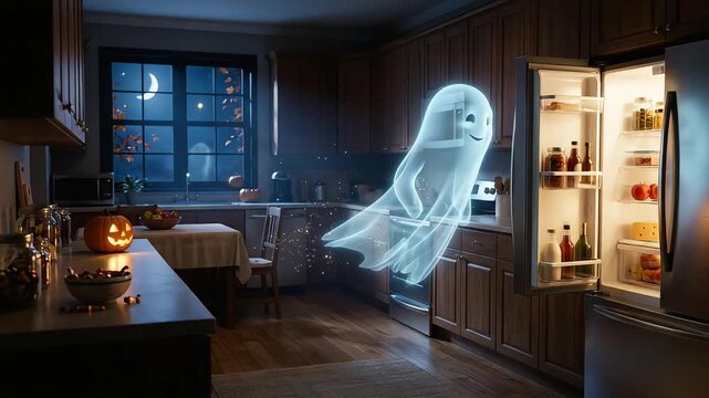 Friendly glowing ghost animation floats through dark kitchen opening refrigerator door while bright moonlight shines through window at night time