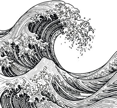 Detailed wave illustration features intricate linework and a circular opening
