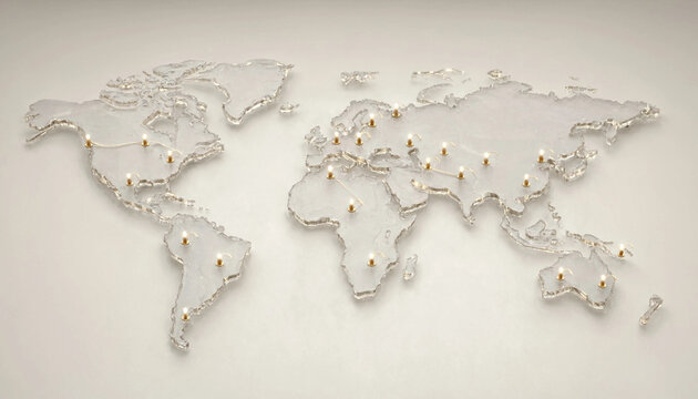 Global connection concept with illuminated world map and pinpoint markers showing international network