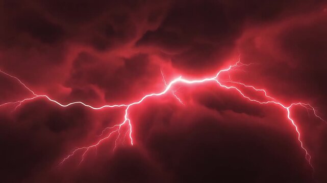 Red lightning bolt striking across dark turbulent storm clouds in a dramatic weather animation video footage for cinematic visual effects
