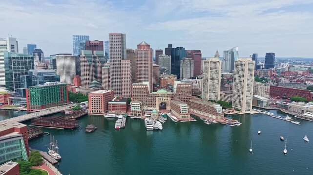 Aerial view of downtown Boston skyscrapers and waterfront
