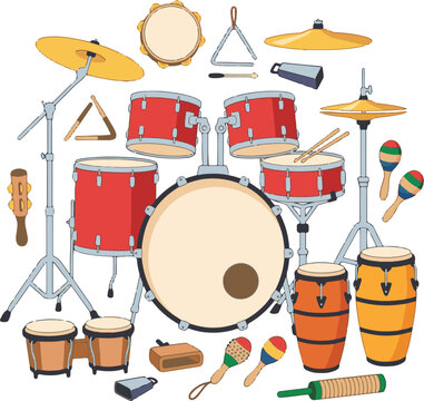 Hand drawn set of percussion instruments including drum kit, bongos, congas, maracas, and tambourine in cartoon vector style
