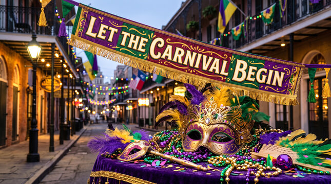 Mardi Gras parade float mascot wearing ornate purple and gold mask with feathered headdress in festive New Orleans street at dusk