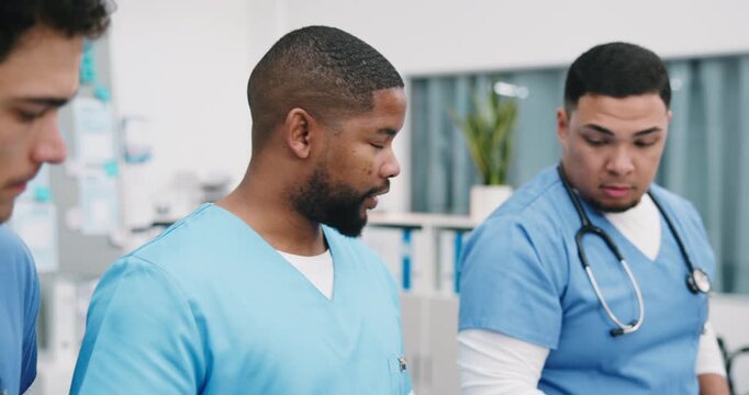 Nurses, walk or team discussion for healthcare plan, case evaluation or treatment review with binder. Advice, men and talking in hospital with medical checklist, diagnosis records or admin schedule
