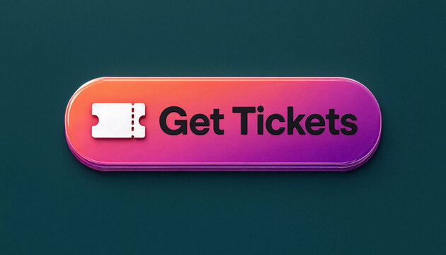 Get tickets button with gradient design and ticket icon on dark background for event booking concept