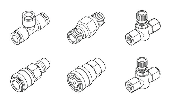 Pneumatic hose connectors and valve fittings isometric icons set.