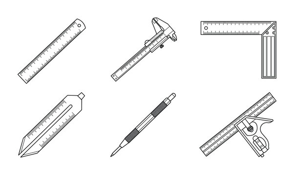 Industrial measurement tools line icons collection on transparent.