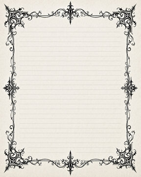 Ornate black scrollwork border on lined vintage letter paper