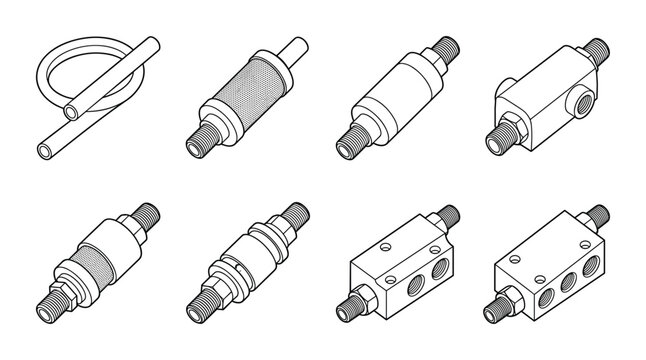 Pneumatic muffler and filter components isometric line icons set.