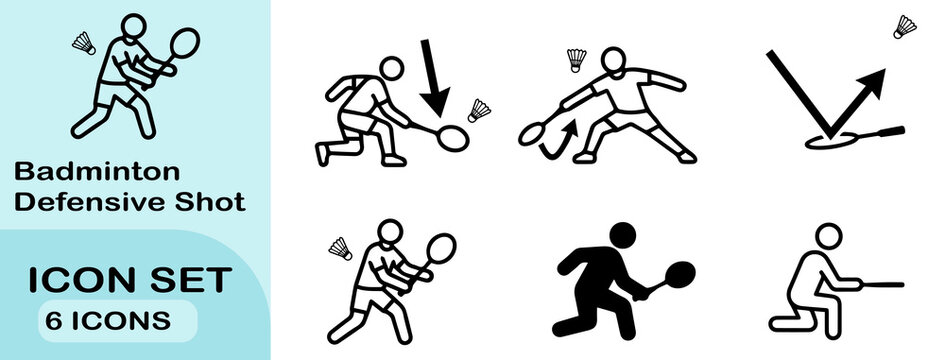 Badminton defensive shot icon set featuring stick figures in black outline and solid silhouettes executing various underhand defense techniques on a plain white background.
