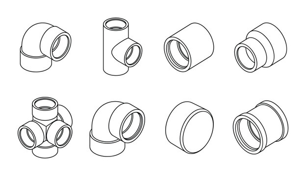 Plastic plumbing pipe fittings isometric line icons collection.