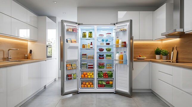 Modern stainless steel refrigerator filled with fresh organic food inside a bright contemporary white kitchen space