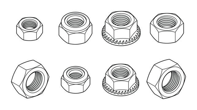Assorted isometric outline nuts, including hexagonal and flanged lock nuts.