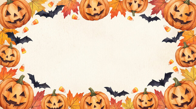 Wide Halloween banner border with pumpkins bats and autumn leaves