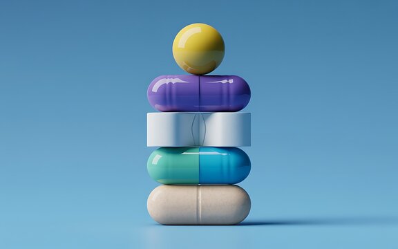 Stacked colorful capsule shapes with sphere on blue background