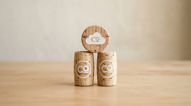 Three wine corks stacked on wood table